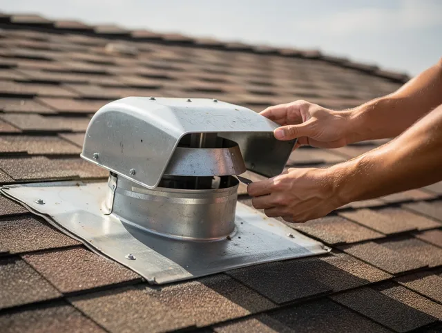Southbury Dryer Vent Cleaning certified technician safely cleaning a roof-mounted dryer vent in Southbury