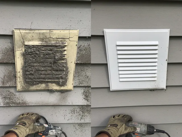 Southbury Dryer Vent Cleaning technician installing high-quality dryer vent cover at a residential property in Southbury