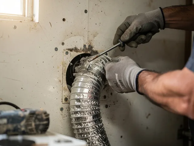 Southbury Dryer Vent Cleaning technician performing precise dryer vent hose installation in Southbury